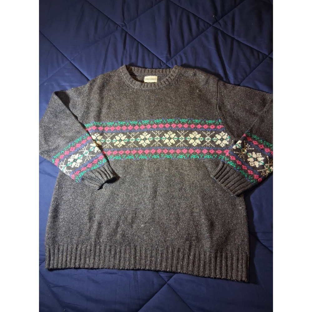 Prides Landing Mens Fair Isle Crewneck Sweater Gray Geometric Knit Pullover L